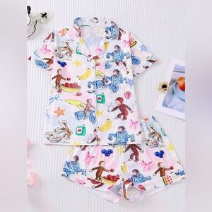 Curious George Pajama Set Button Up Shorts Playful Kitsch Sleepwear Women